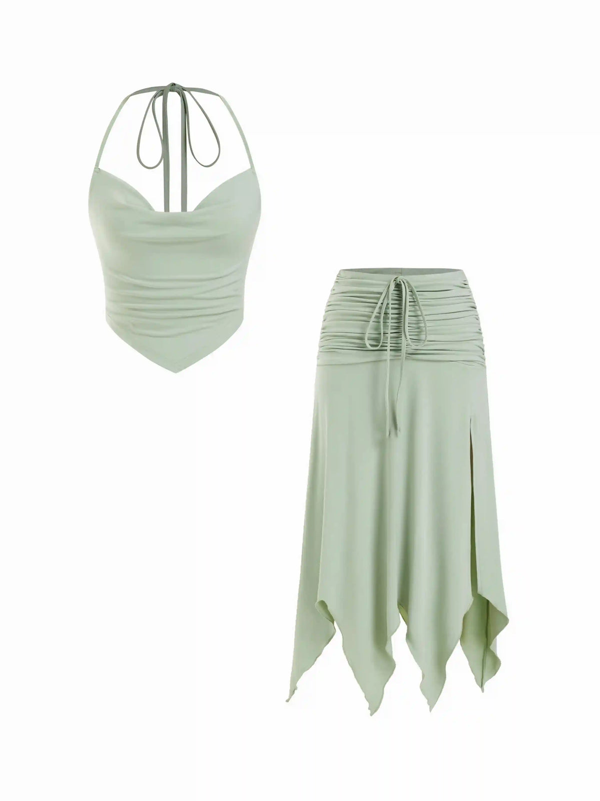 Halter Neckline Drawstring Top & Ruched Hanky Hem Maxi Skirt Set
