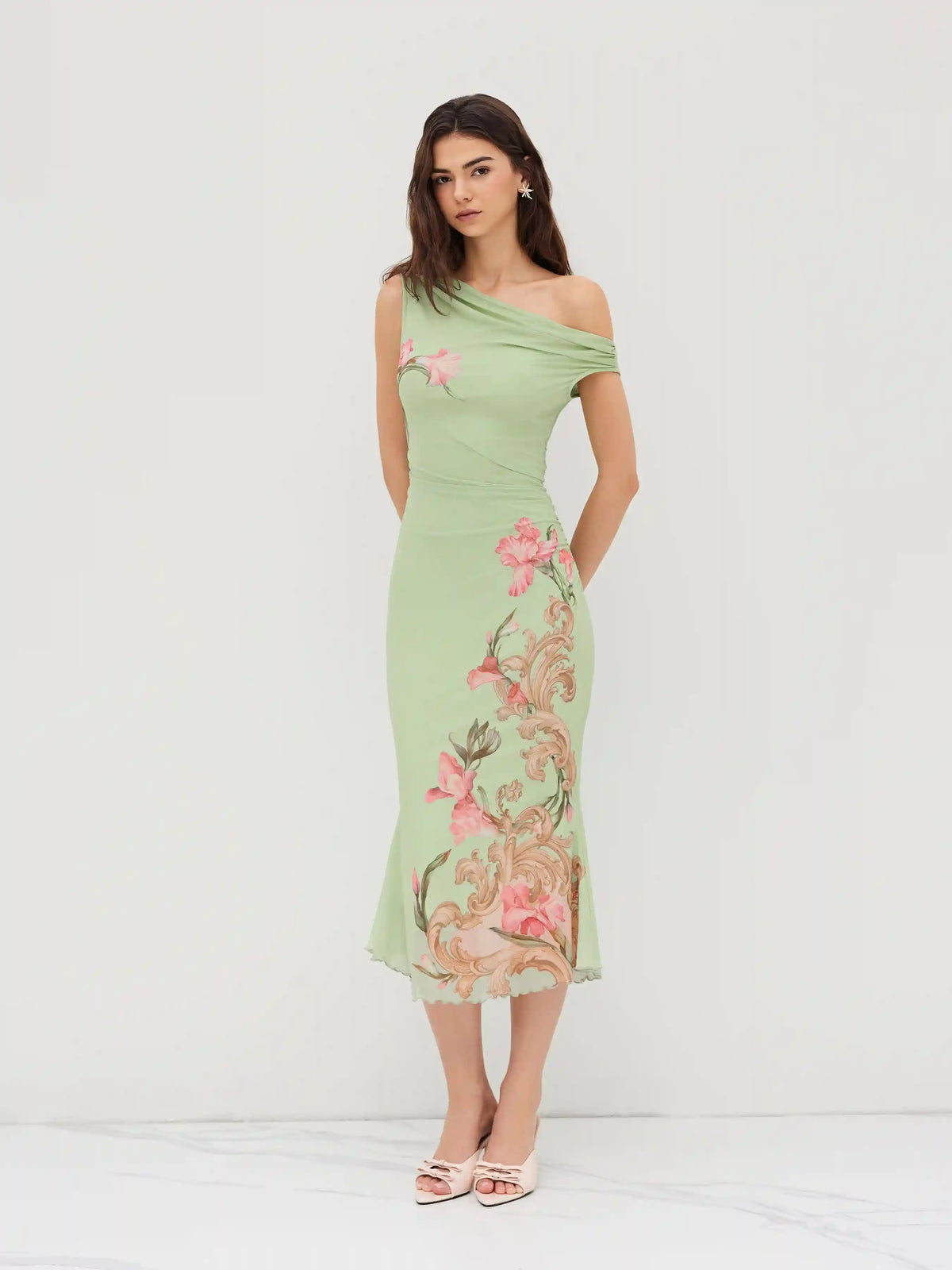 Mesh Asymmetrical Neck Floral Ruched Lettuce Trim Midi Dress