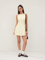 Cotton-blend Bowknot Pleated Backless Mini Dress
