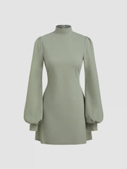 High Neck Ruffle Puff Sleeve Mini Dress