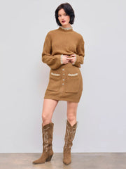 Knit Mid Rise Solid Lace Button Up Mini Skirt