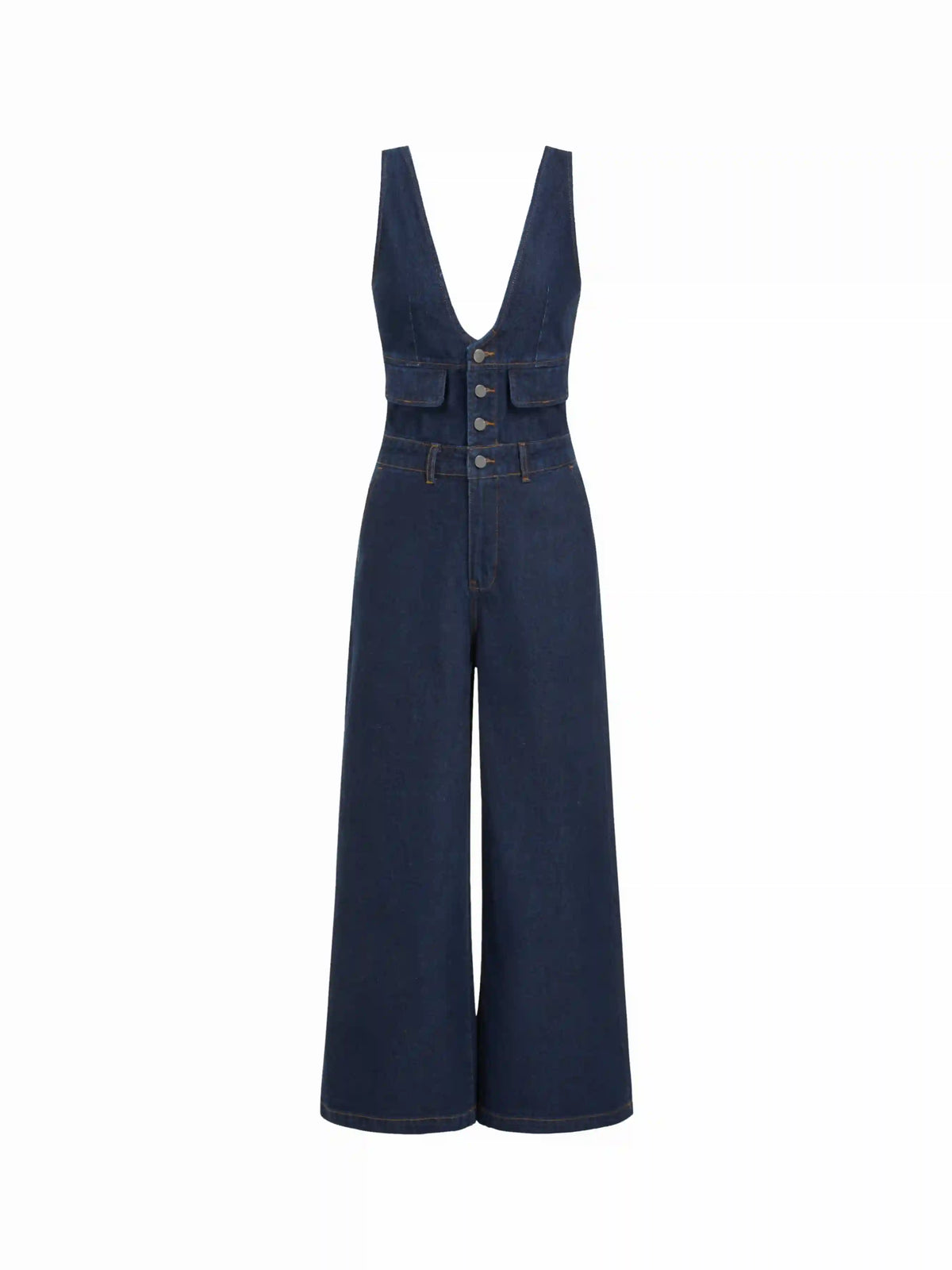 Petite Washed Denim High Rise V-neck Metal Detail Oversized Wide Leg Jumpsuit