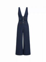 Petite Washed Denim High Rise V-neck Metal Detail Oversized Wide Leg Jumpsuit
