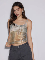Mesh Heart Graphic Ruched Cami Top