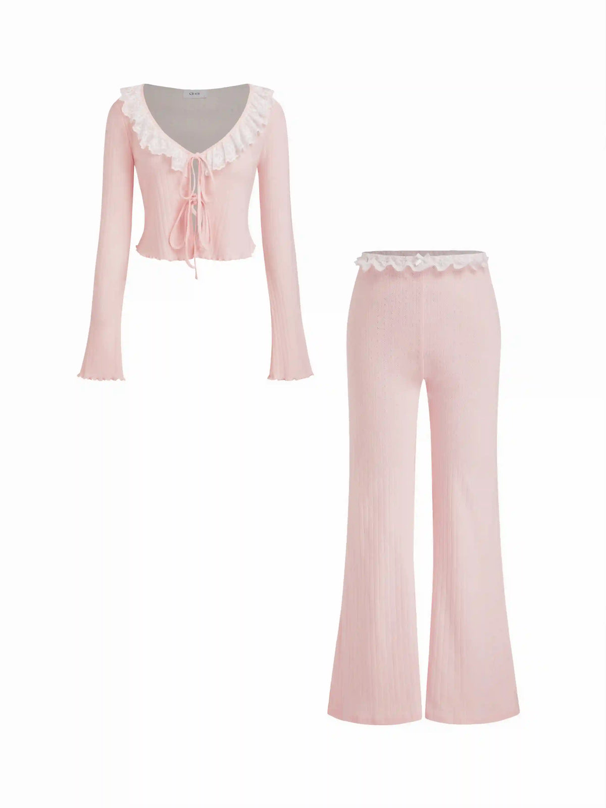 Cotton-blend V-neck Pointelle Tie Front Top & High Rise Lace Trim Bowknot Flare Trousers Loungewear Set