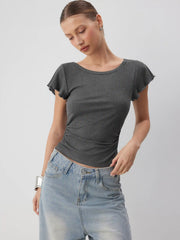 Round Neckline Ruffle Sleeve Ruched Waist Top