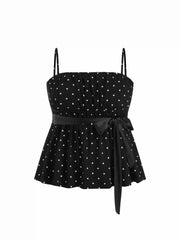 Cotton-blend Polka Dot Satin Bow Belt Cami Top Curve & Plus