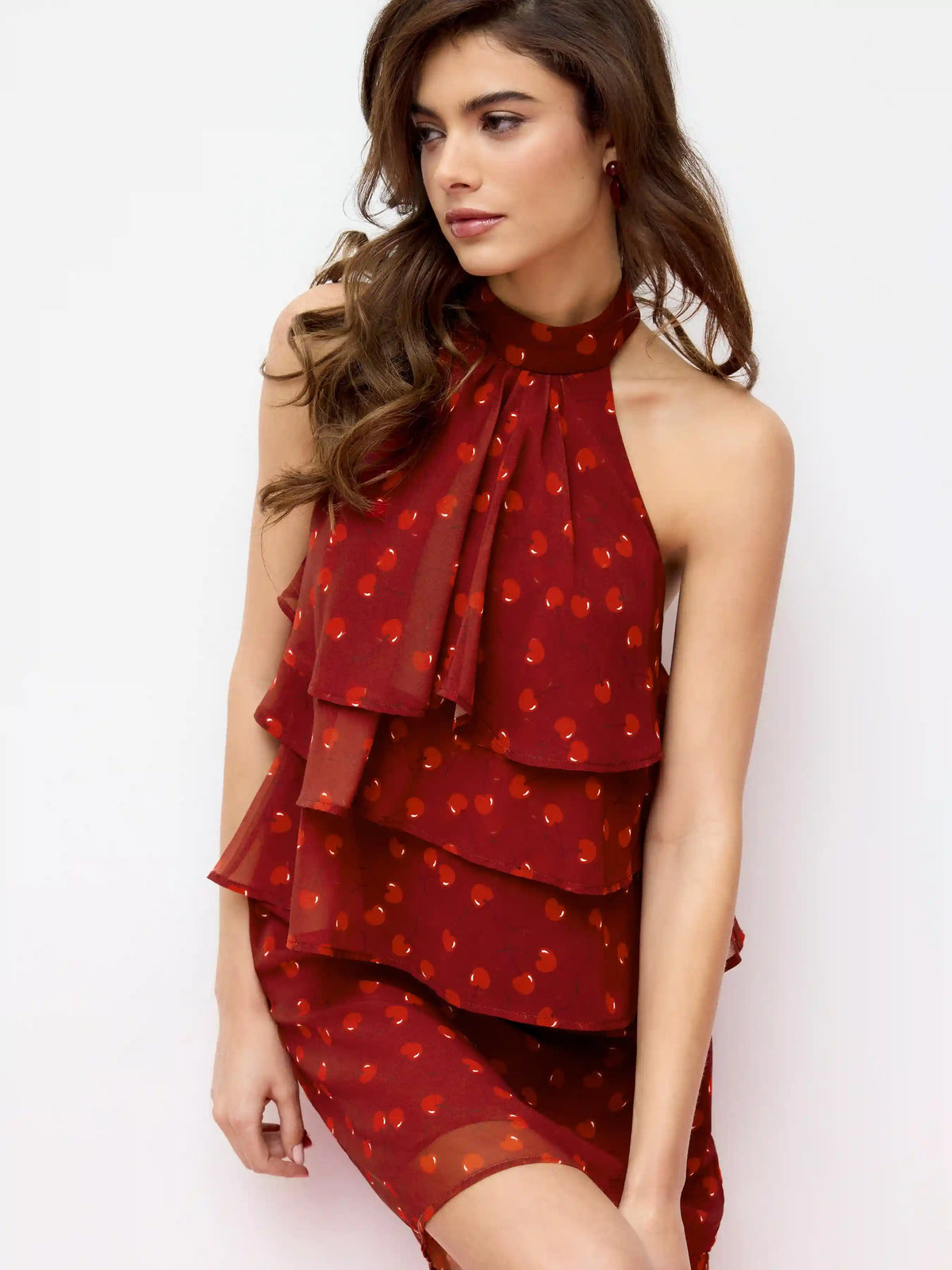 Chiffon Cherry Graphic Halter Neckline Ruffled Tie Back Blouse