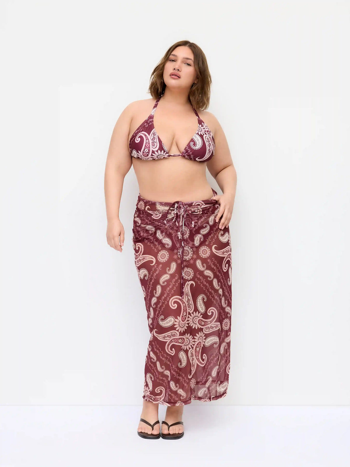 Paisley Halter Neckline Triangle Bikini Set With Sarong Curve & Plus