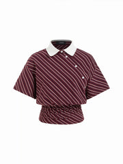 Cotton-blend Striped Short Sleeve Blouse With Ruched Hem
