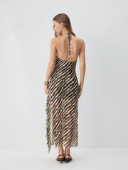 Mesh Zebra Striped Halter Neckline Asymmetric Draped Maxi High-Low Dress