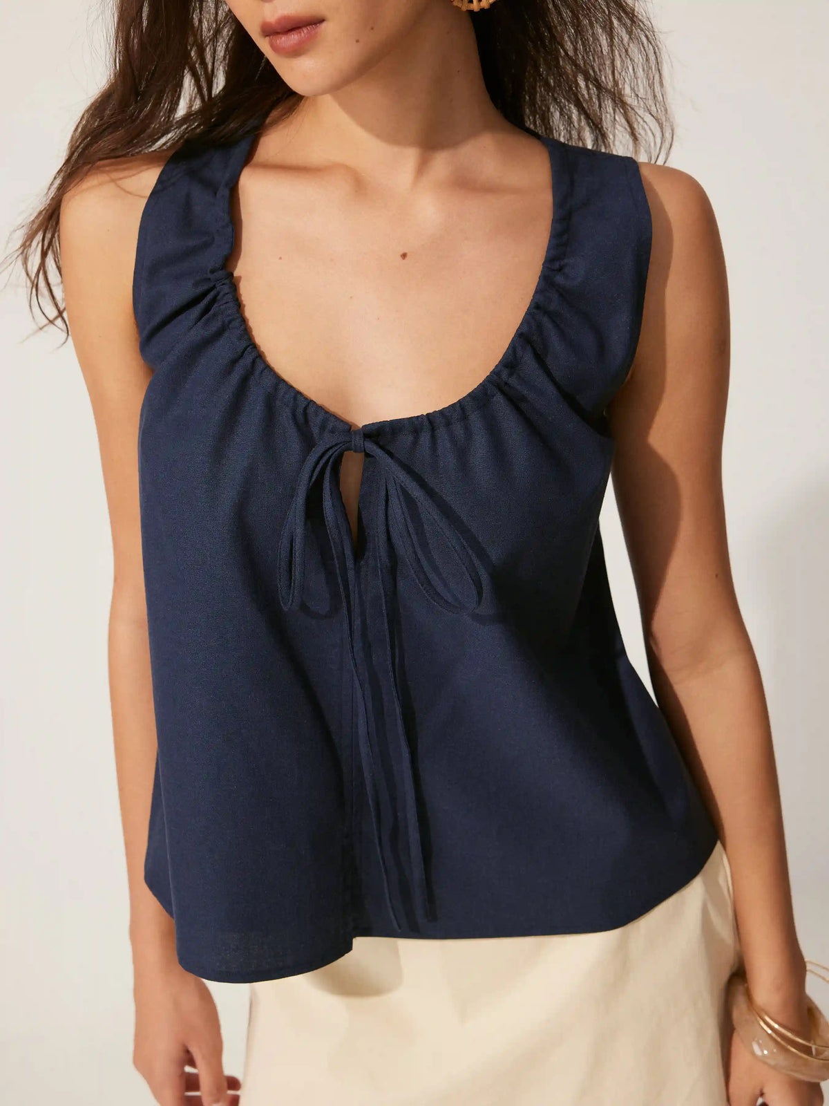 Linen-blend Tie-front Sleeveless Blouse