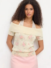Knit Wool-blend Floral Off-shoulder Lace Detail Puff Sleeve Top