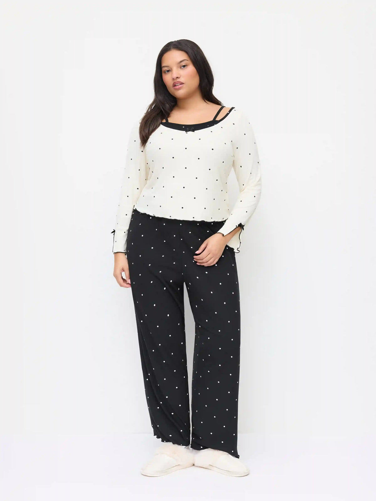 Round Neckline Polka Dot Bowknot Top & Mid Rise Lettuce Trim Straight Leg Trousers Loungewear Set Curve & Plus