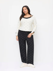 Round Neckline Polka Dot Bowknot Top & Mid Rise Lettuce Trim Straight Leg Trousers Loungewear Set Curve & Plus