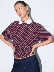 Cotton-blend Striped Short Sleeve Blouse With Ruched Hem
