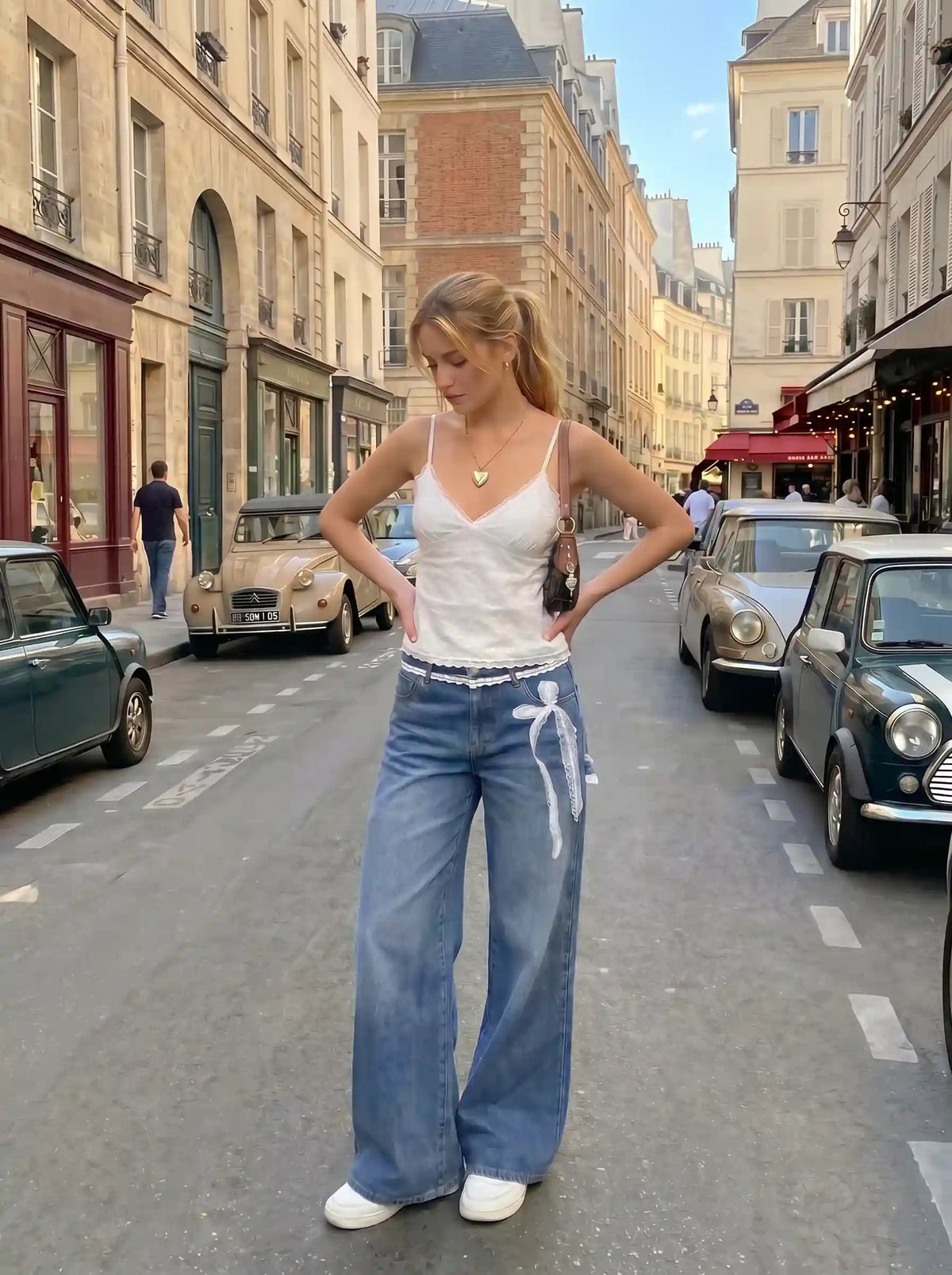Washed Denim Low Rise Lace Bowknot Wide Leg Trousers