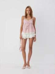 Sweetheart Neck Bowknot Lace Trim  Longline Oversized Cami Blouse