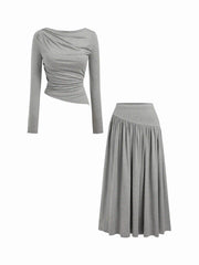 Boat Neck Ruched Asymmetrical Hem Top & Elastic Waist Maxi Skirt Set