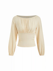 Boat Neck Ruched Puff Long Sleeve Blouse
