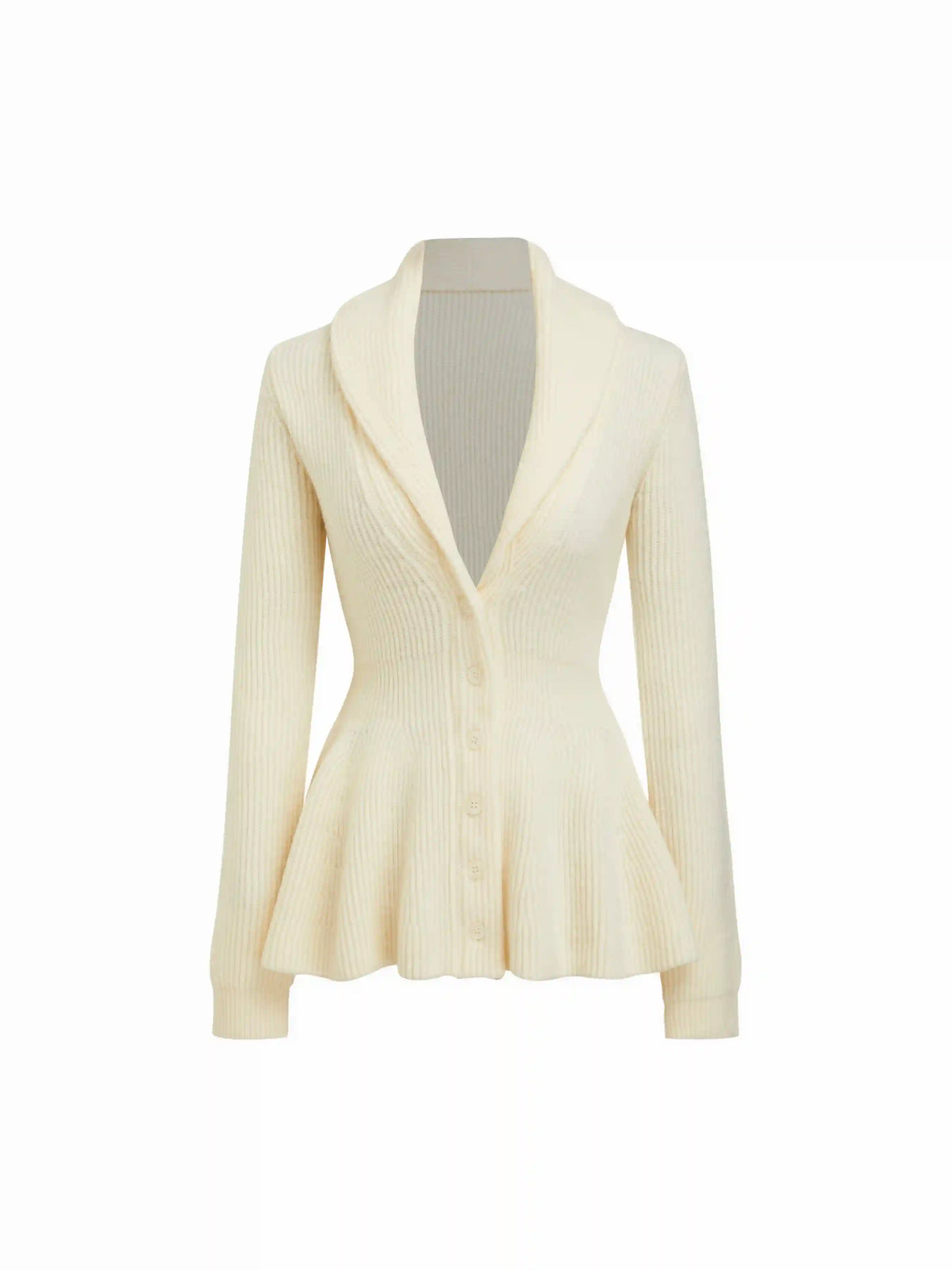 Knit Collar Long Sleeve Ruffle Hem Cinched Waist Button Cardigan