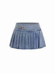 Washed Denim Low Rise Metal Detail Pleated Micro Mini Skirt