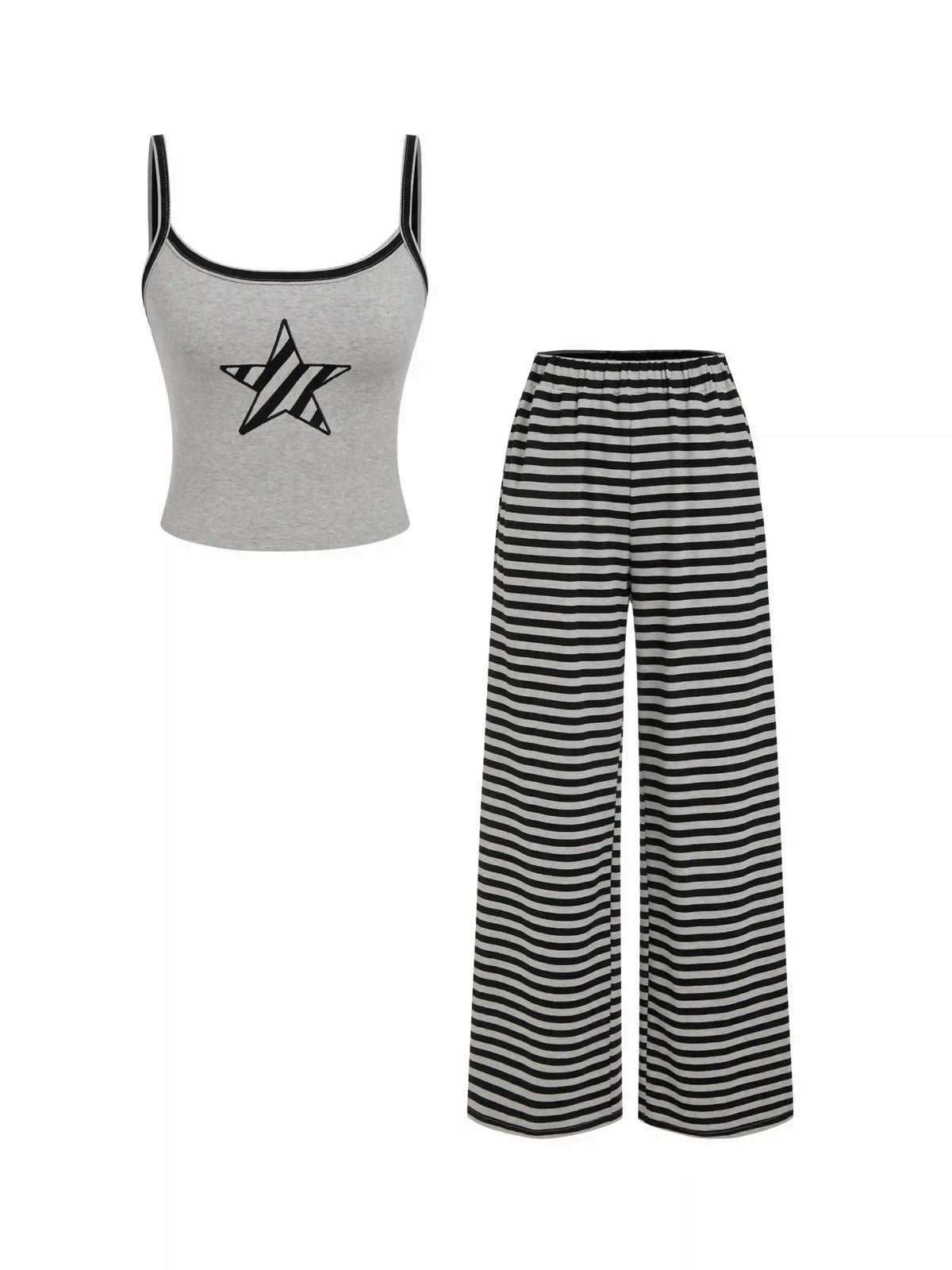 Cotton-blend Star Graphic Cami Crop Top & Mid rise Striped Straight Leg Trousers Matching Set