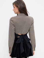 Cotton-blend Collar Long Sleeve Gingham & Bowknot & Two Tone Blouse