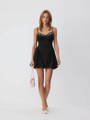 Floral Embroidery Sweetheart Neck Bubble Hem Mini Dress