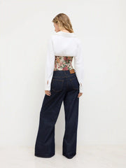 Cotton-blend V-neck Collar Floral Patched Corset Long Sleeve Blouse