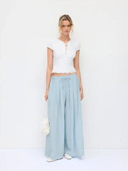 Cotton-blend Mid Rise Drawstring Ruched Wide Leg Trousers
