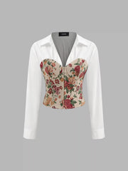 Cotton-blend V-neck Collar Floral Patched Corset Long Sleeve Blouse