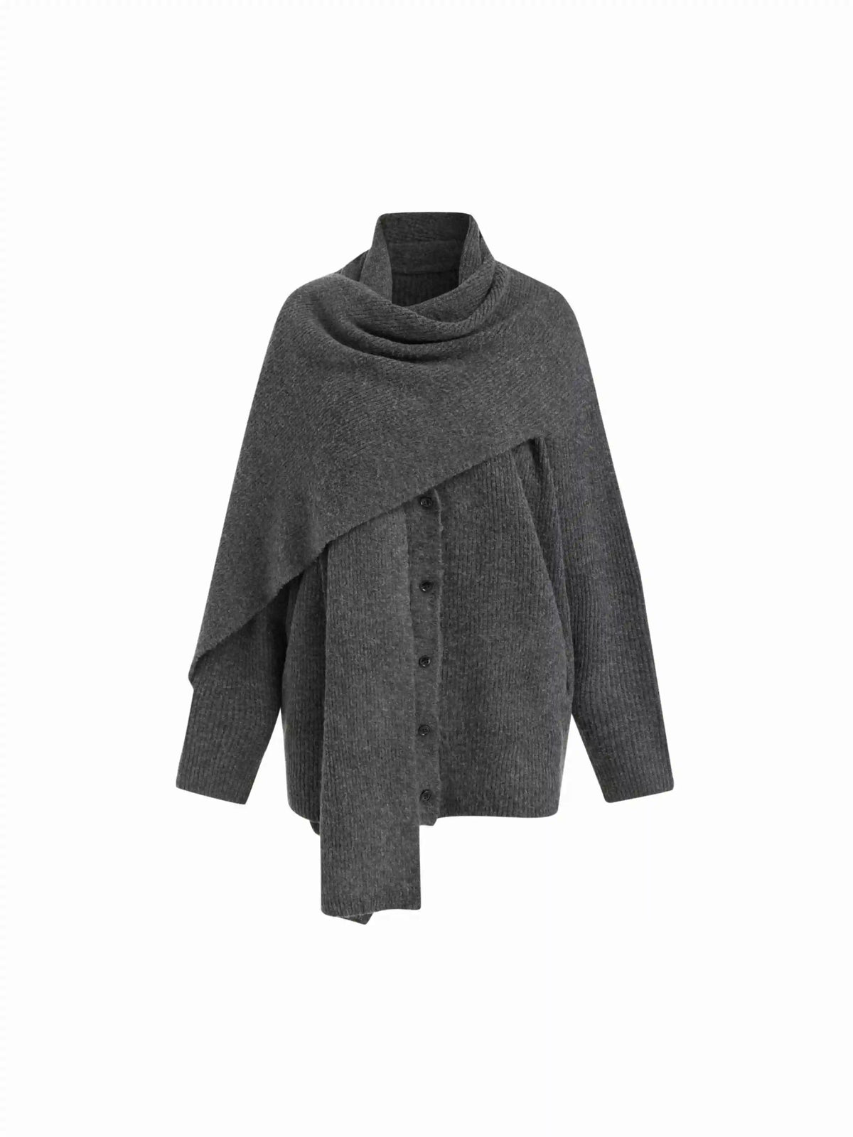 Knit Wool-blend V-neck Long Sleeve Button Oversized Cardigan With Scarf