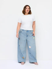 Cider Denim Mid Rise Heart & Star Appliques Floral Baggy Jeans Curve & Plus