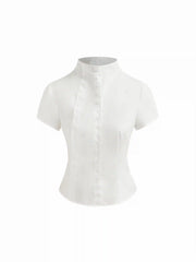 Cotton-blend Asymmetrical Neck Button Curved Hem Short Sleeve Blouse