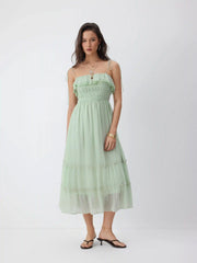 Chiffon Ruched Lace Trim Ruffled Tiered A-line Maxi Dress