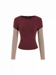 Cotton Striped Round Neckline Colorblock Top