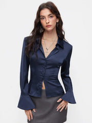 Satin Collar Button Long Bell Sleeve Shirt