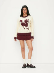 Knit Horse Graphic Round Neck Contrasting Binding Oversized Sweater