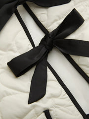 Peter Pan Collar Tie Front Bow Contrasting Binding Floral Quilted Oversized Puffer Jacket