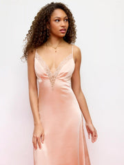 Satin V-neck Lace Panel A-line Maxi Cami Dress