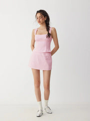 Cotton Textured Square Neck Bowknot Top & Mid Rise Mini Skirt Set