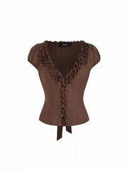 Textured V-Neck Puff Sleeve Bowknot Ruffled Blouse