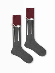 TWO-TONE BOWKNOT & CRIMPED TRIM CREW SOCKS