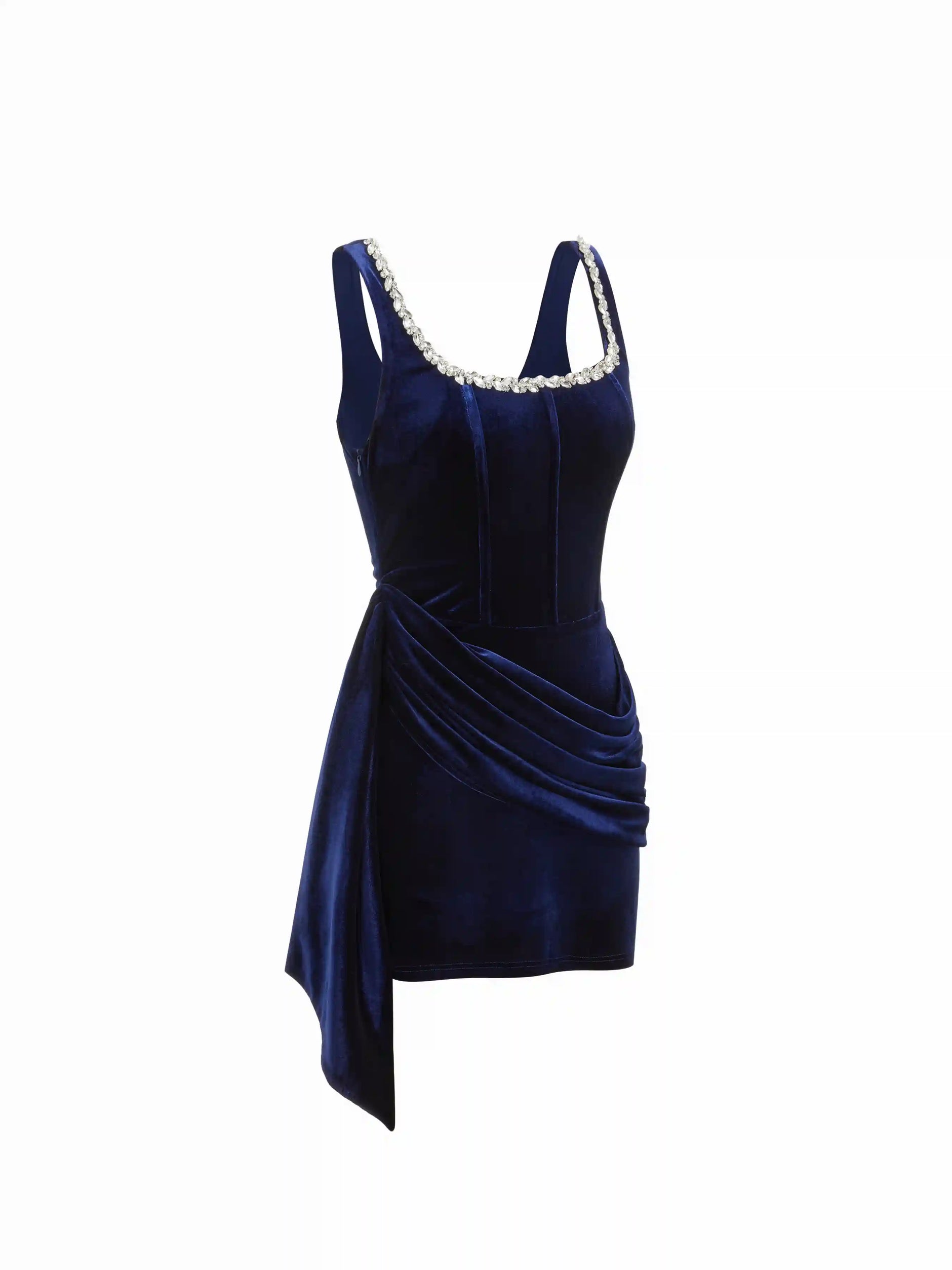 Velvet U-neckline Rhinestone Draped Ruched Corset Mini Dress