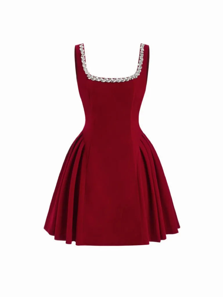 Velvet Square Neck Rhinestone Detail Pleated Mini Dress