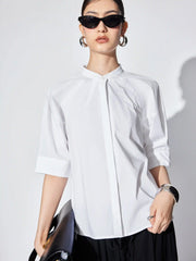 Cotton-blend Lantern Sleeve Round Neckline Blouse