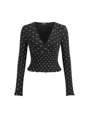 Cotton-blend V-Neck Polka Dot Smocked Lettuce Trim Top