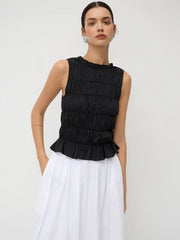 Cotton-blend Round Neckline Shirred Tank Top