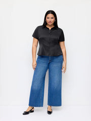 Satin Collar Short Sleeve Shirt Curve & Plus